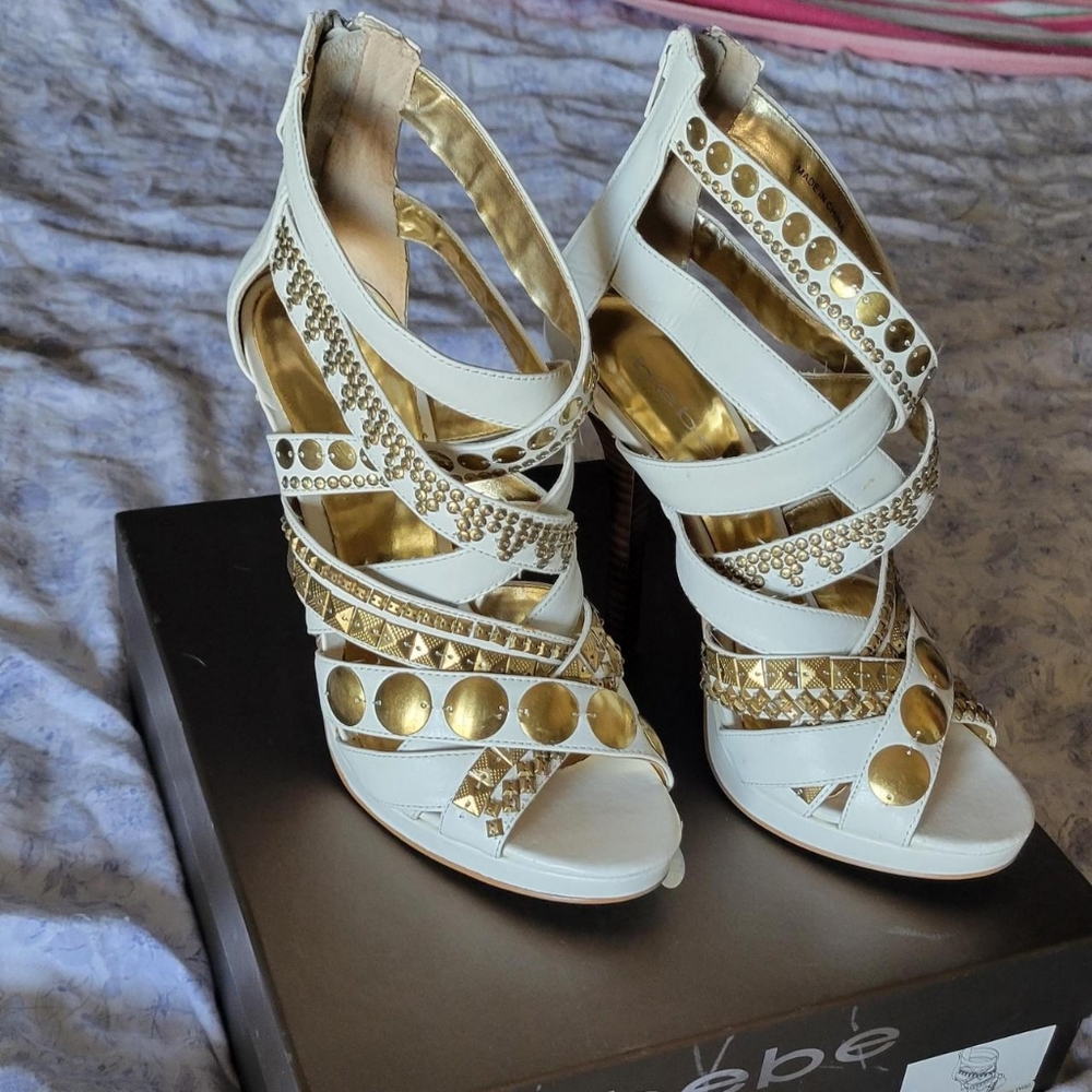 Bebe ultra high heel gold embellished